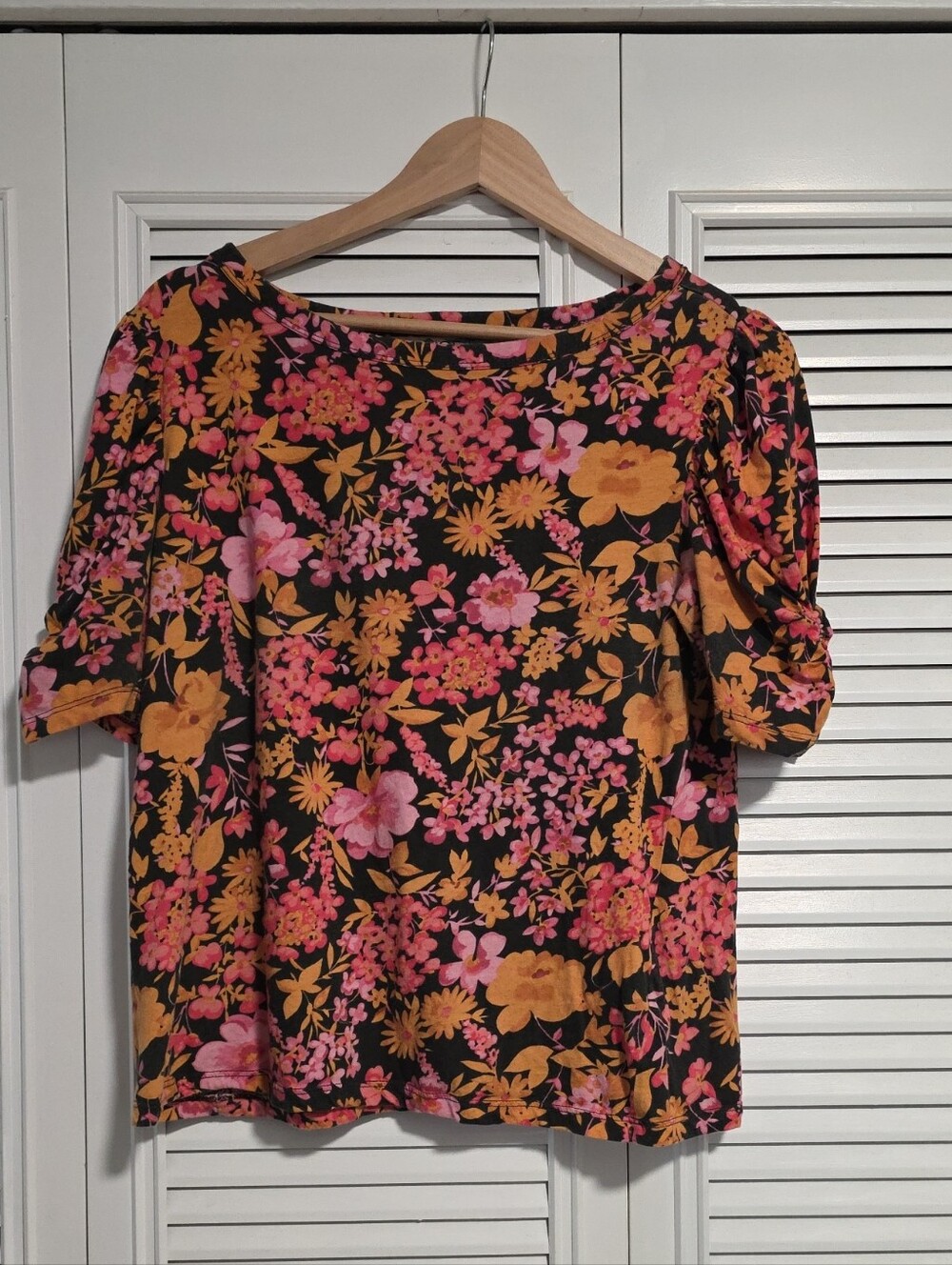 LOFT Black Top with Pink and Mustard Floral Print